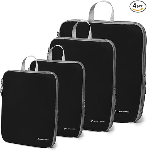 (Not Made In China) Compression Packing Cubes For Travel, Suitcase and Luggage Space Saver Organizer Bags, Lightweight, Waterproof Nylon, Durable, 4pc Set, Black by Carrywell