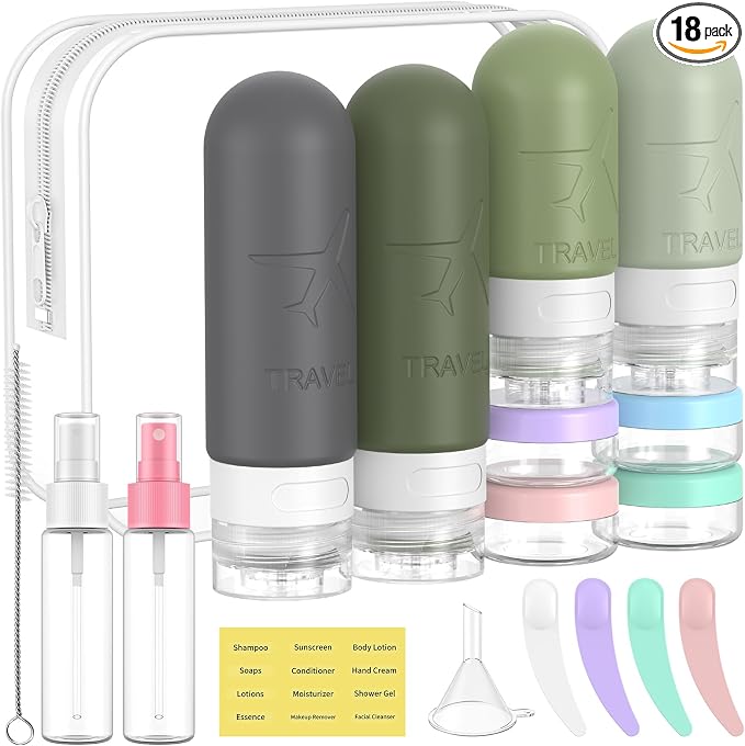 ME.FAN 18 Pack Travel Bottles for Toiletries, TSA Approved, Desert Sage | Travel Size Containers Set, Silicone Squeezable Portable Split Bottle, Travel Accessories for Conditioner, Shampoo, Lotion by MEFAN