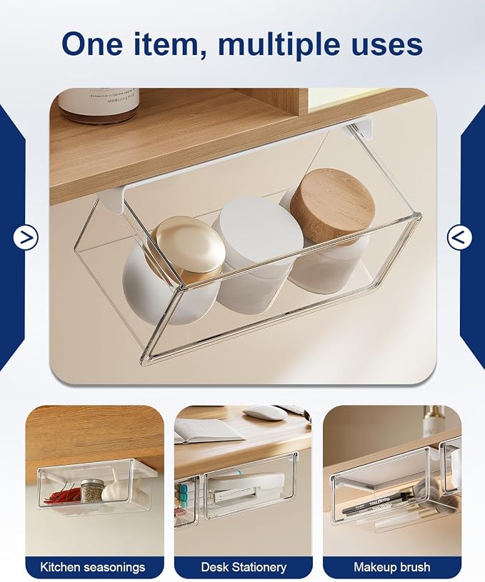 Hanging Cabinet Organizer – 33° Tilted Under Desk Drawer & Bathroom Storage – Self-Adhesive Clear Pull-Out Bins for Kitchen, Office & Vanity (Large) - Image 6