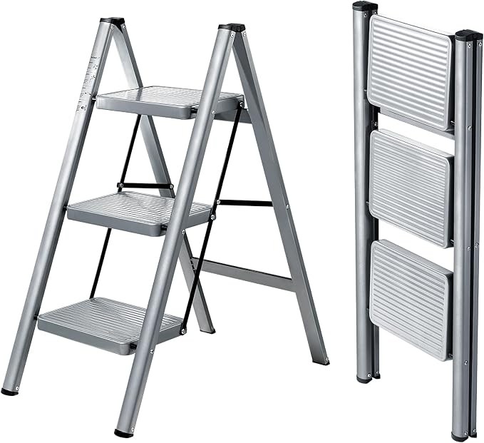 3 Step Ladder, Steel Folding Step Stool with 330lbs Heavy Duty | Anti-Slip Wide Pedal | 1.9" Slim Fold | Ideal for Kitchen Cabinets, Closet Organizing, Pantry Shelves & Plant Display by XinSunho