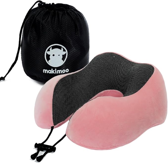 Memory Foam Travel Pillow, Neck Pillow with 360-Degree Head Support, Comfortable and Lightweight, Ideal for Sleeping on Airplane, Car, Train, Bus and Home Use, Comes with Storage Bag (Pink) by Makimoo
