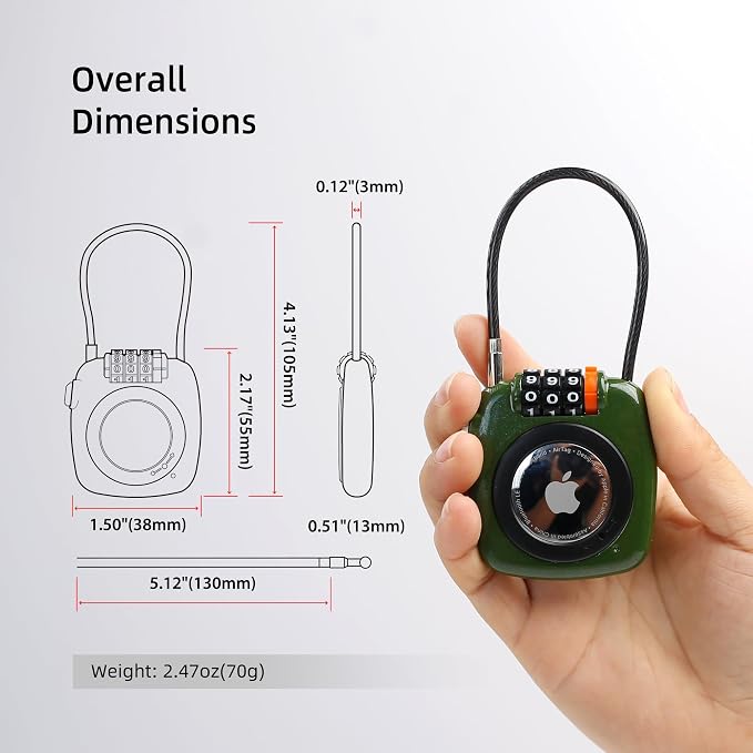 AirTag Holder for Luggage, Compatible with Apple Air Tag Case, Combination Lock Air Tag Holder for Suitcase, Backpack, Locker, Travel Safe, Metal GPS Tracker Case, Anti-Theft Cable Lock - Image 4