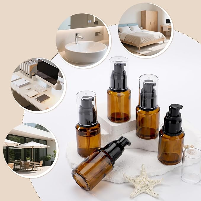 Segbeauty 1oz Refillable Lotion Bottle with Pump, Pack of 5 Frosted Travel Glass Bottles Creams Lotion Containers Foundation Bottle for Travel Size, 30ml Makeup Pump Dispenser for Toiletries Amber - Image 6