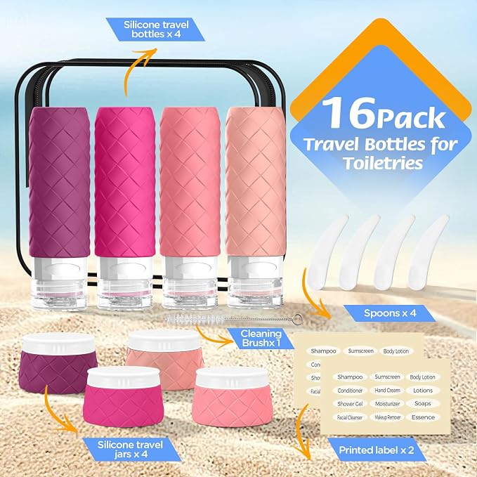 16 Pack Travel Bottles for Toiletries, TSA Approved Travel Size Toiletries Containers Set BPA-Free Silicone Leak Proof Refillable Bottles Stackable Creams Jars Accessories Kit W/Clear Bag Purplish Red - Image 3