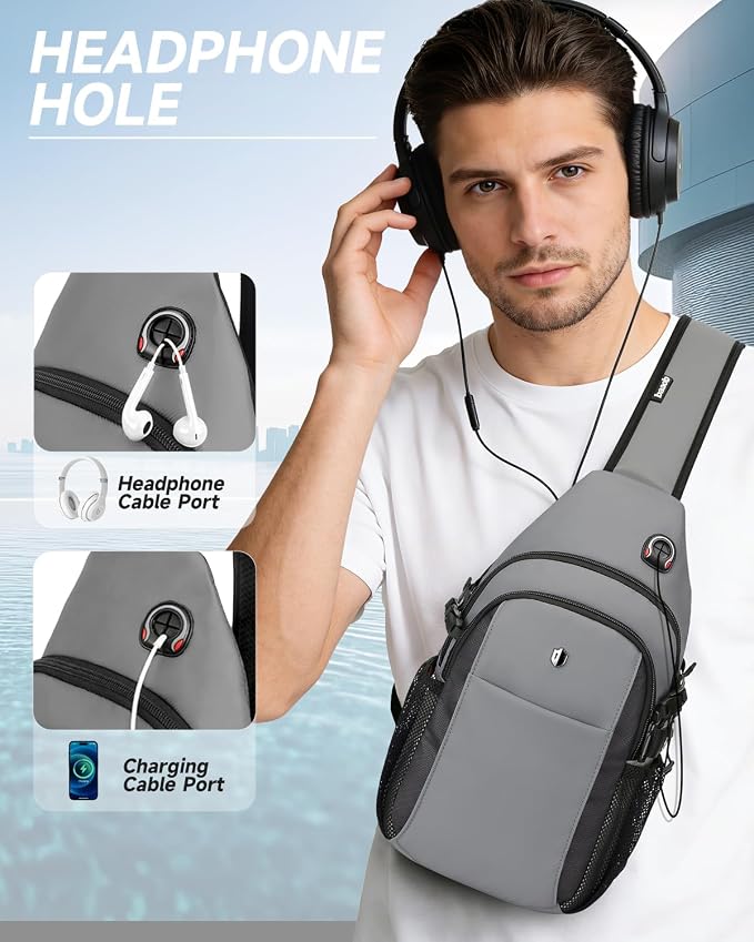 Expandable Sling Bag for Men, Anti-Theft Chest Pack with Water Bottle Pocket & Earphone Port, Crossbody Backpack for Hiking, Travel & Outdoor, Fits Switch 2, 11 Inch iPad, Grey | Mens Crossbody Bag - Image 7