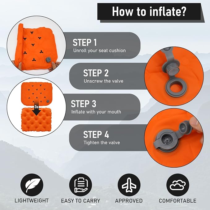 Inflatable Seat Cushion, Lightweight Stadium Seat Pad, Travel Air seat Cushion Anti-Slip for Airplane, Long Flights, Hiking, Climbing, Home and Camping, Compact Air Cushion,Orange - Image 4