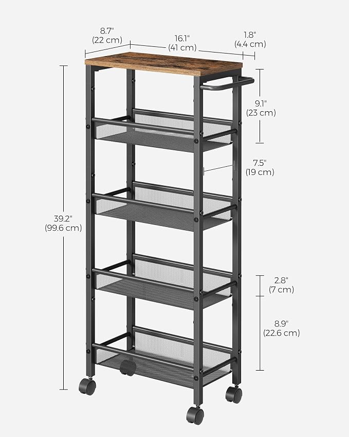 VASAGLE Slim Rolling Cart, 5-Tier, 8.7 Inches Deep, Steel Frame | Storage Cart with Handle, Narrow for Kitchen, Living Room, Rustic Brown and Matte Black, DACEY Collection ULRC035B01 - Image 6
