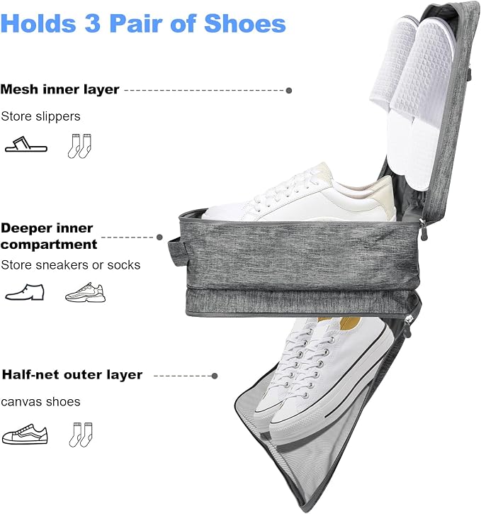 Shoe Bags for Travel,Holds 3 Pairs of Shoes,for Travel&Daily Use | Large Capacity Travel Shoe Bag,Golf Shoe Bag,Portable Dance Shoe Storage Pouch,Sneaker Storage Bag(Grey) - Image 3