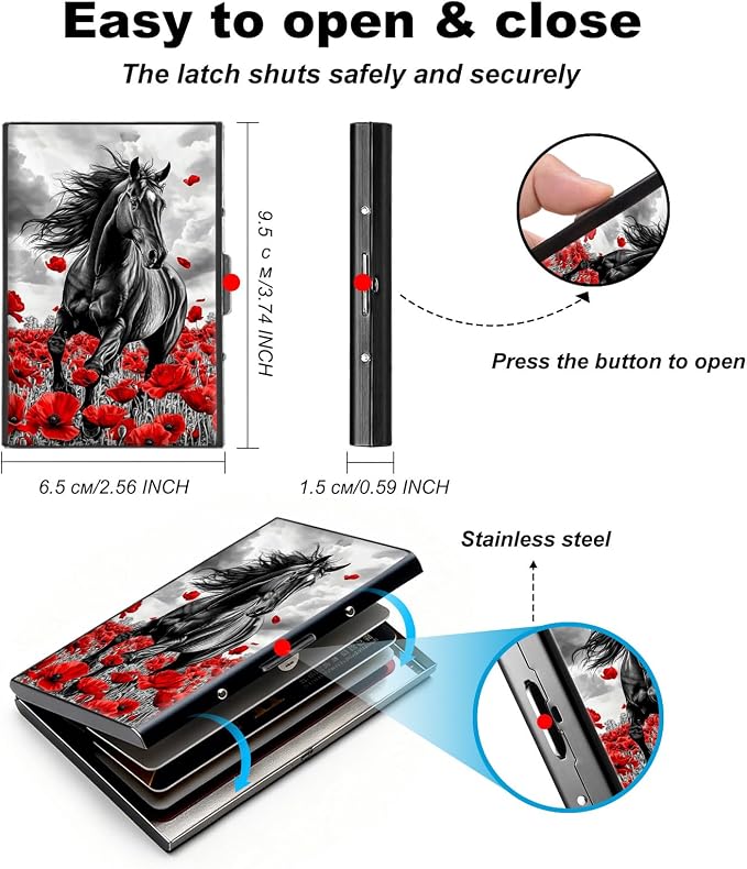 Metal Wallet,Credit Card Holder for Women,Slim RFID Blocking Credit Card Holder Thin Aluminum Wallet ID Case,6 Slot Business Mini Hard Metal Case for Women/Men,Black Horse Flower - Image 5