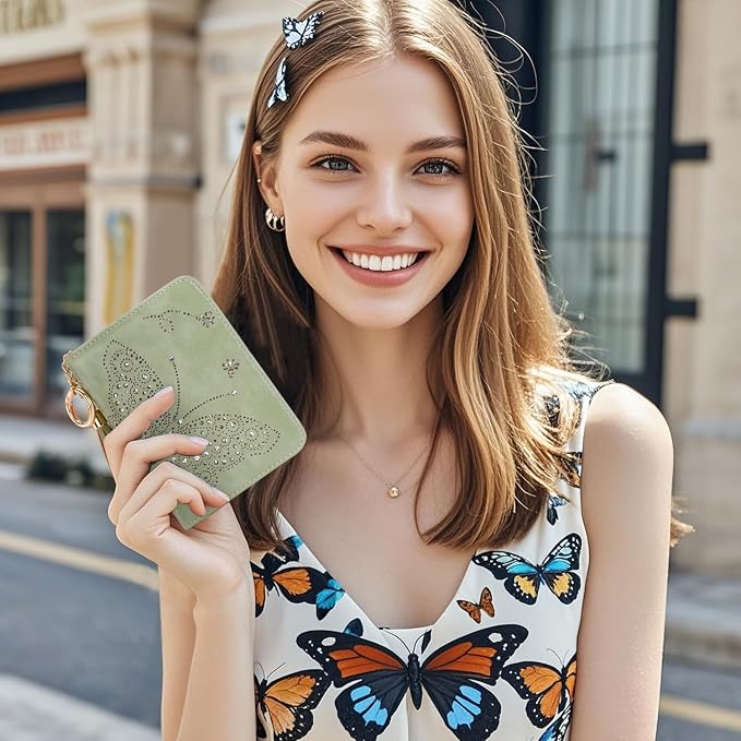 KITEVIUN Women RFID Blocking Small Bifold Wallet, Compact Cash Clutch with Zipper Coin Pocket, Glittery Butterfly Design, Credit Card Holder, Travel Purse with Tassel GREEN - Image 2