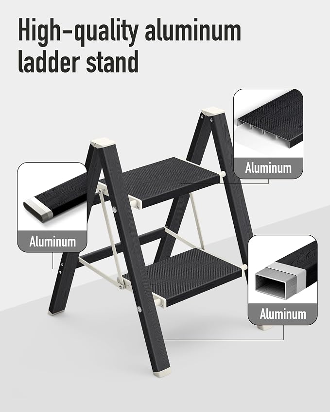 Mayi Plus 2 Step Stool Foldable, Aluminum, Lightweight Step Ladder | Extra-wide anti-slip folding steps with 330 lbs, for home,kitchen,office,outdoor,Ebony woodgrain - Image 2
