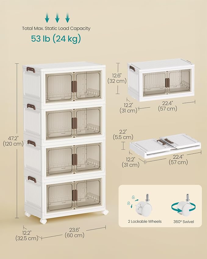 SONGMICS 58QT stackable storage bins with 1 Lid, 4-Tier Foldable Bins | Collapsible Cabinet, PP Plastic, Magnetic Doors and wheels, 23.6 x 12.2 x 47.2 inch, White, DENNYS Collection URLB460WZ01 - Image 6