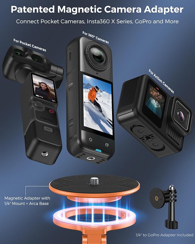 OMOTON TP02-Ultra Magnetic Action Camera Mount for DJI/GoPro iPhone，Orange | Arca-type Adapter with 1/4" Screw, 4 in 1 Phone Tripod for Travel Vlog, Adjustable & Swivel, for iPhone 12-17 Series - Image 3