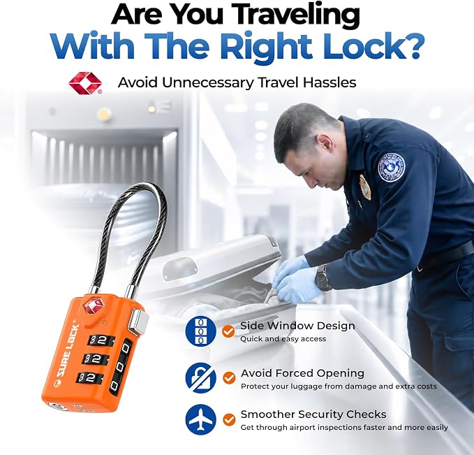 SURE LOCK TSA Approved Combination Luggage Locks with Open Alert Indicator – Durable Zinc Alloy Cable Travel Locks with Large Easy-Read Dials for Suitcases, Backpacks & Gym Bags Orange 4 Pack - Image 3