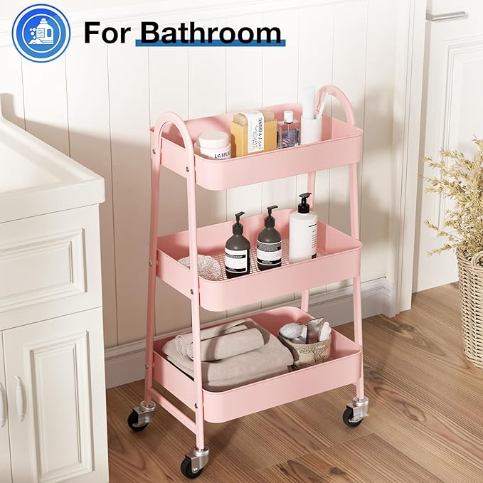 OLIXIS Metal Rolling Storage Utility Cart with Lockable Wheels 3 Tiers | Mobile Organizer Shelf, Space-Saving, Freestanding, Bathroom, Living Room, Slim, Narrow Corner Spaces, Pink - Image 5