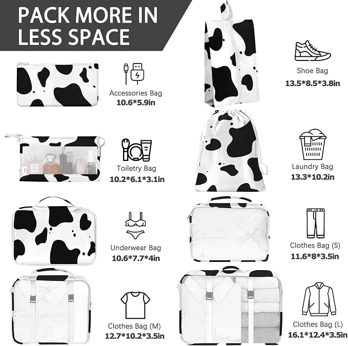 KPX 8 Set Packing Cubes for Travel, Luggage Packing Organizers Accessories Large Toiletries Bag for Clothes Shoes Cosmetics (Cow) - Image 2