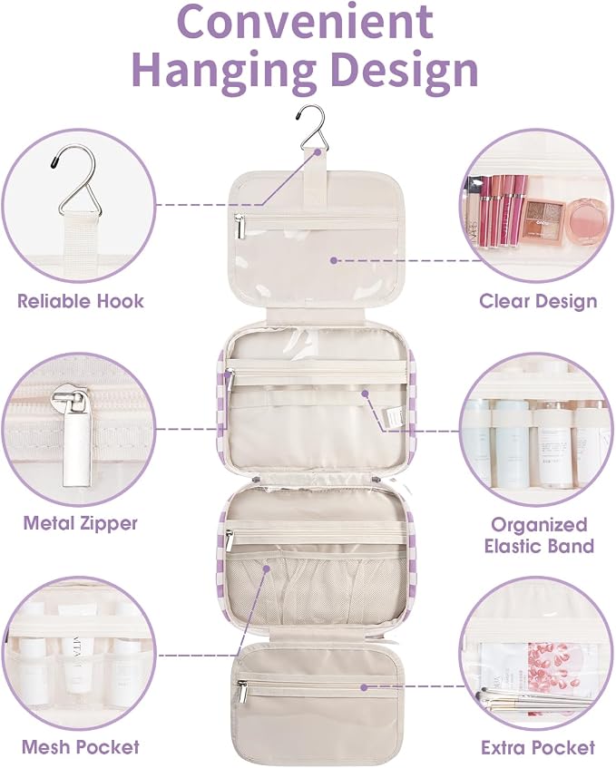 Narwey Hanging Toiletry Bag for Women Travel Makeup Bag Organizer Toiletries Bag for Travel Size Essentials Accessories Cosmetics (Purple Checkerboard (Medium)) - Image 3