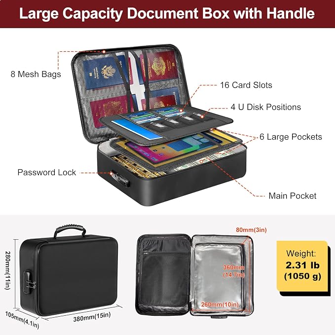 Fireproof Document Organizer Box with Lock for Important Documents | 8 Layers File Organizer, 5200°F Fire & Water-Resistant, Portable Home Travel Safe Storage, 15"x11"x4.1", Black, Soft - Image 5