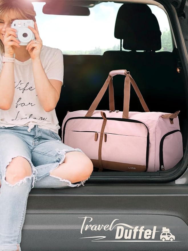 Lekesky Foldable Travel Duffel Bag for Women, 80L Large Duffle Bag with Separate Shoes Compartments & Straps, Carry On Weekend Bag for Women, Hospital, Overnight(Pink) - Image 2