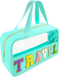 Bunliuys Chenille Letter Clear Makeup Bag Travel Patch, Travel Toiletry Makeup Bag with Handle, Nylon Waterproof Makeup Bags clear cosmetic bag, preppy patch makeup bag for Women (TRAVEL-Mint Green) by Bunliuys