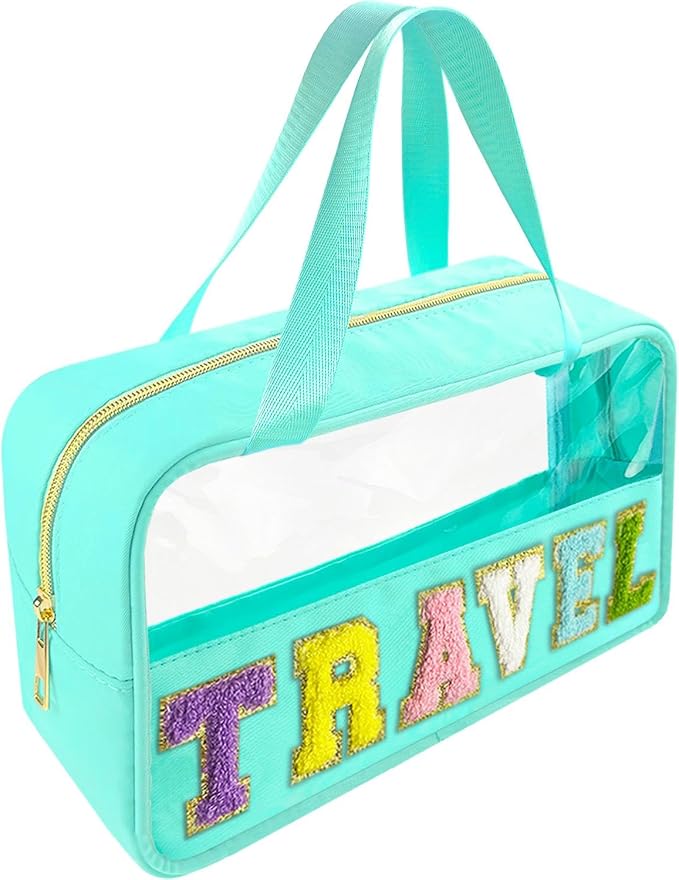 Bunliuys Chenille Letter Clear Makeup Bag Travel Patch, Travel Toiletry Makeup Bag with Handle, Nylon Waterproof Makeup Bags clear cosmetic bag, preppy patch makeup bag for Women (TRAVEL-Mint Green) by Bunliuys