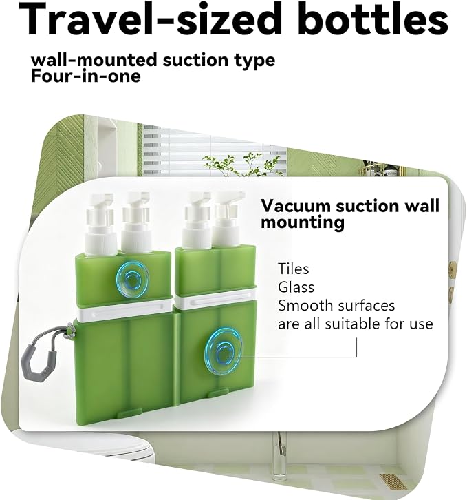 4 in 1 Travel Dispenser，Unbreakable Silicone Travel Dispenser Bottle, Vacuum Suction Wall Mounted Refillable Containers,Leakproof Toiletry Containers for Shampoo, Lotion, Baby Care-Green. - Image 3