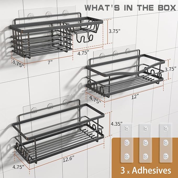 Youvip Shower Caddy, 3 Pack, Black | Large Capacity, No Drilling Adhesive, Rustproof Shelves, Soap Holder - Image 2