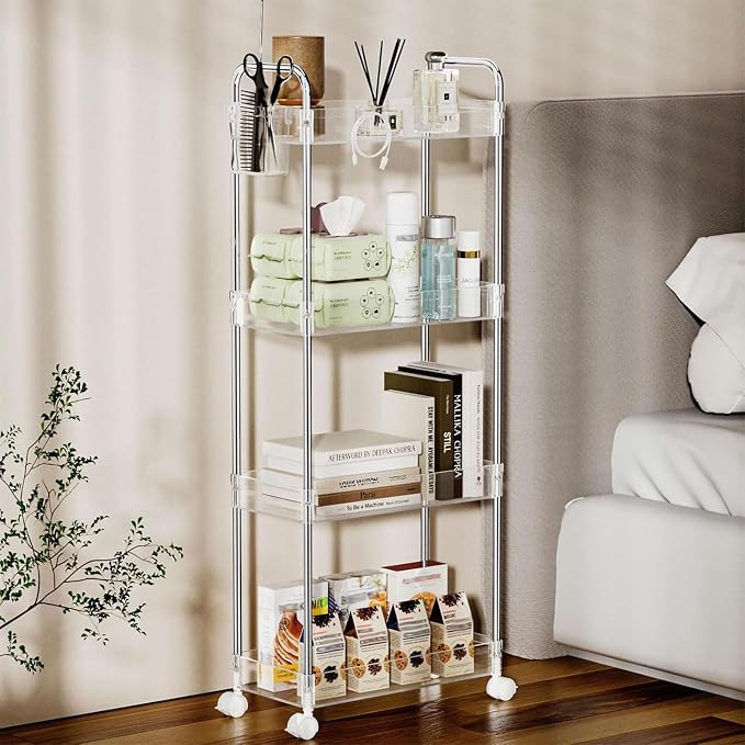 SPACEKEEPER Acrylic Storage Rolling Cart, 4 Tier Bathroom Cart Organizer | Clear Utility Cart for Laundry Room,Kitchen,Office,Bathroom, Transparency Storage Cart for Snack,Craft,Art,Makeup,Nail,Toys - Image 7