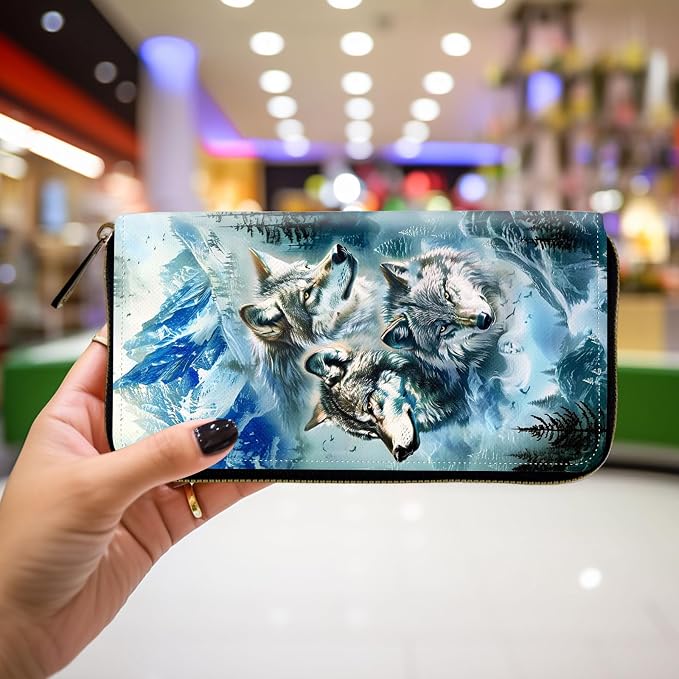 Wallet,Leather Long Wallet Suitable For Ladies And Teenagers - Detachable Wristband + RFID Travel Wallet With Card Slot - Mountain Wolf Pack - Image 4