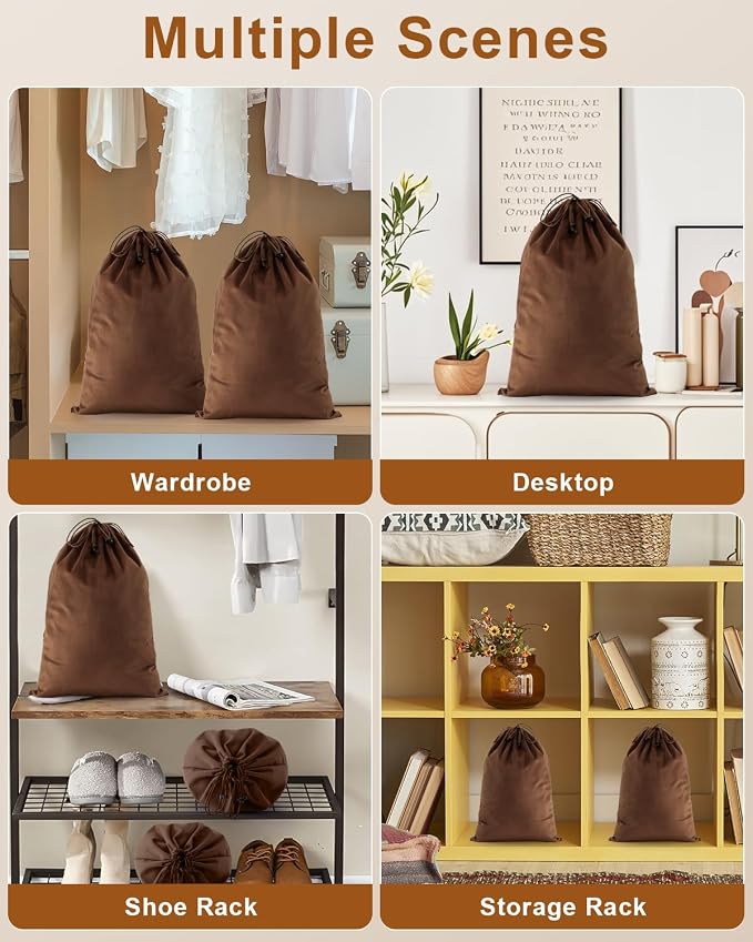 4 Pcs Shoe Bags for Travel, Dust Velvet Bag, Mocha Mousse, 17.3x12.6 Inch | Washable & Reusable Travel Shoe Bags, Dustproof Shoe Bags with Drawstring Closure, Suitable for Travel, Home Storage - Image 6