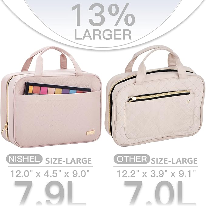 NISHEL Travel Toiletry Bag for women, Portable Hanging makeup Organizer | for Travel-Sized Shampoo, Conditioner, Brushes Set, makeup Accessories, Large Size, Pink - Image 3
