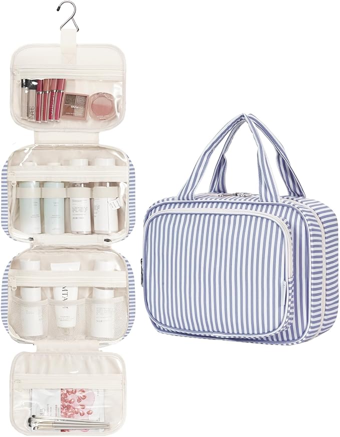 Narwey Striped Hanging Toiletry Bag for Women Travel Makeup Bag Organizer Toiletries Bag for Travel Size Essentials Accessories Cosmetics (Greyish Blue Stripe (Medium)) - Image 2