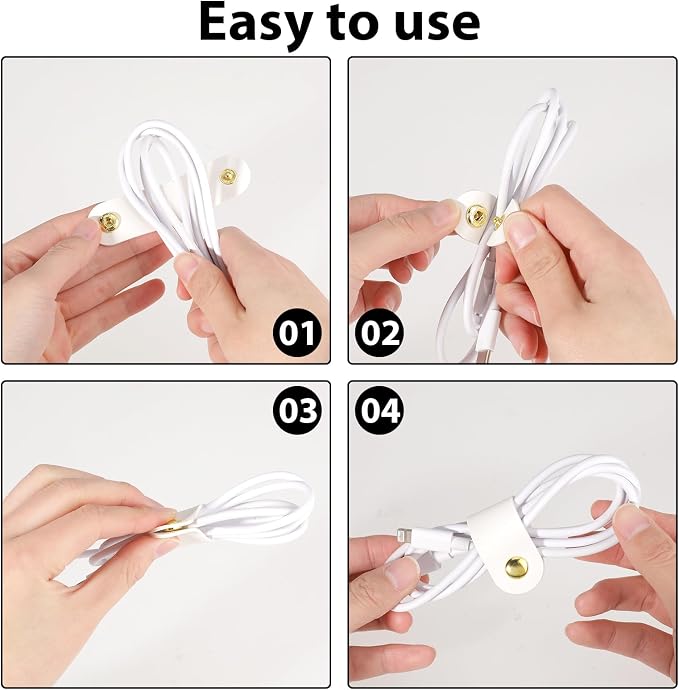 6Pcs Leather Cable Organizer - Reusable Straps, Ties for Phone Charging, Power Cords, Headphones - PU Leather USB Multipurpose Cord Holder With Snap Closure - Image 4