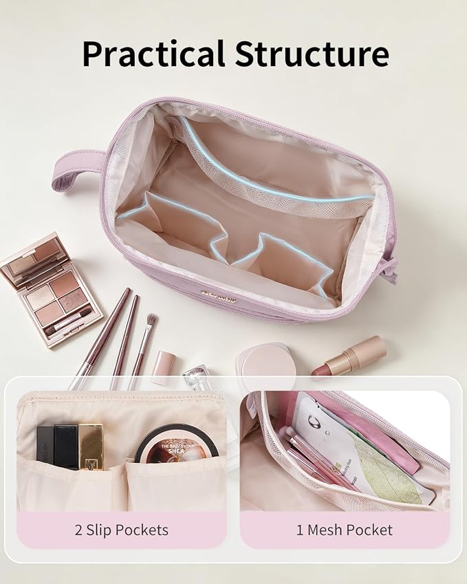 Narwey Large Travel Makeup Bag For Women Girls, Wide Open Cosmetic Bag, Portable Toiletry Bag for Cosmetics, Toiletries, Skincare, Brushes (Dusty Pink) - Image 6
