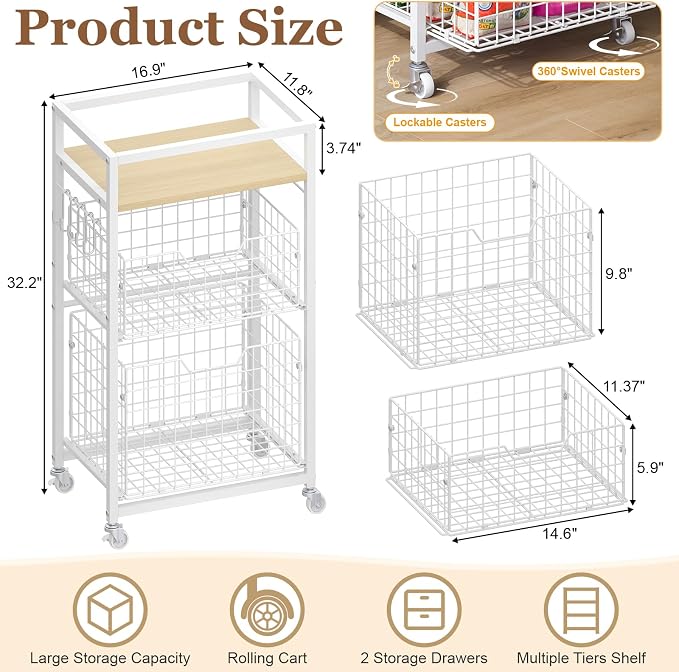 Hongtamoya 3 Tier Laundry Room Cart with Pull-Out Baskets, Storage Cart with Wheels, Rolling Cart with Wood Top Metal Bathroom Laundry Room Organization Mobile Shelf Unit Organizer Trolley, White - Image 6