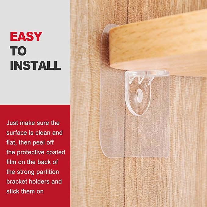 20 Pack Heavy Duty No-Drill Adhesive Shelf Brackets, Clear Waterproof Plastic Wall Shelf Supports for Shower Caddy Kitchen Cabinet Bookshelves - Image 5