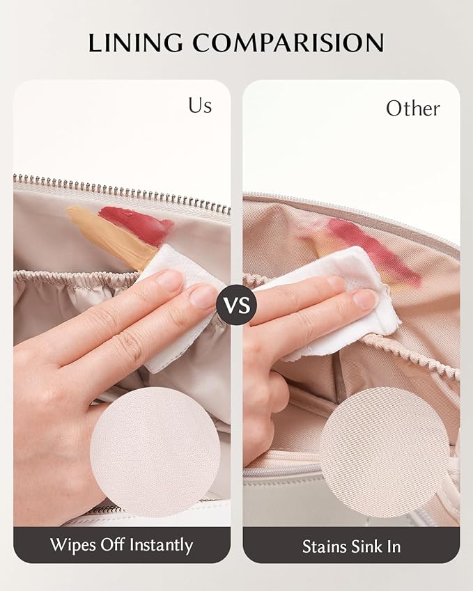 EACHY Travel Makeup Bag, PU Leather Cosmetic Bag for Women, Pearl White | PU leather organizer opens flat with two TPU brush pockets and divided storage for makeup, skincare, toiletries and travel - Image 4