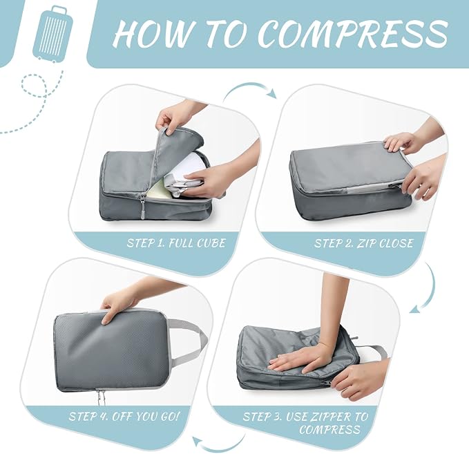 WOOMADA Compression Packing Cubes for Suitcases Travel Essentials 4 Set Expandable Travel Bags Organizer for Luggage(dark grey) - Image 5