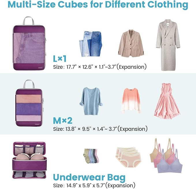 Cambond Mesh Compression Packing Cubes for Travel - 4 Set Organizer, Purple | with 3-in-1 Underwear Bag, Keep Clothes Sorted, See Through Mesh Helps Quickly Find What You Need, Compression Zip Design - Image 2
