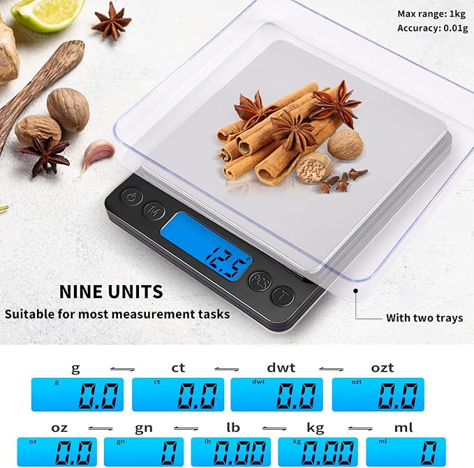Small Digital Gram Scale 1000g by 0.01g, MEIYA High Accuracy Scale for Food Ounces and Grams, Upgrade USB Charging Kitchen Scale Digital Weight for Cooking, Baking, with Tare Function, 9 Units, 2 Tray - Image 5