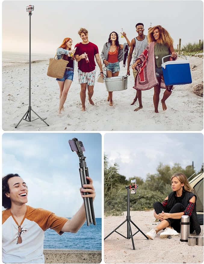 71'' Phone Tripod Stand, Extendable Reinforced Aluminum Phone Stand with Wireless Remote, Stable Cellphone Tripod (210cm-Black) - Image 6