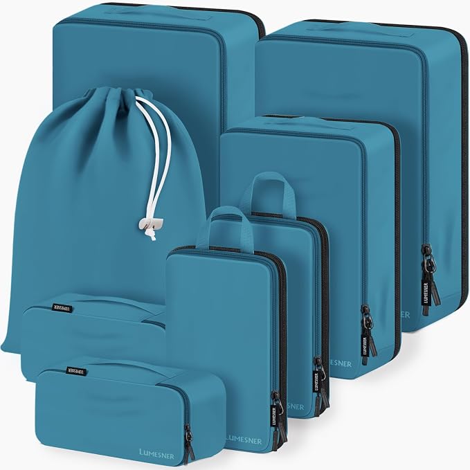 Compression Packing Cubes, Lumesner 8 Set Travel Packing Cubes for Carry on Suitcases, Compression Suitcase Organizers Bag Set & Travel Cubes (Blue, 8-piece) by Lumesner