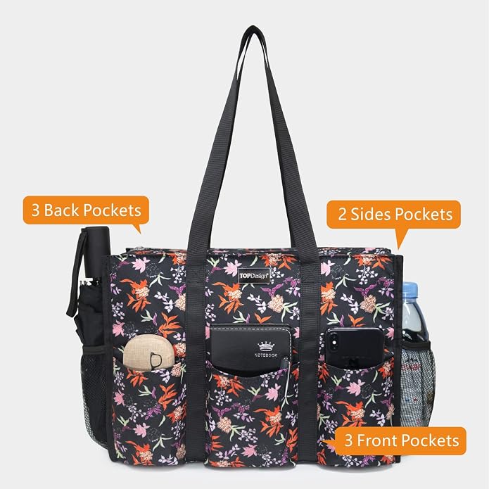 TOPDesign Utility Water Resistant Tote Bag with 13 Pockets, Top Zipper Closure & Thick Bottom Support, for Working Women - Image 3
