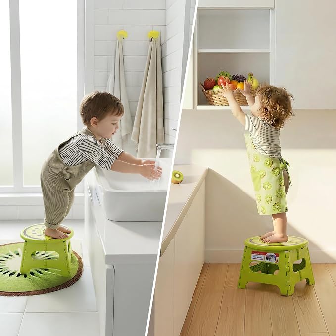 9 Inch Cute Folding Step Stool for Kids, with Handle, Kiwi Green | Foldable Step Stool, Heavy Duty, Lightweight, Non-Slip, for Toddler/Adults, for Kitchen Bathroom Outdoor, Sturdy Collapsible - Image 7
