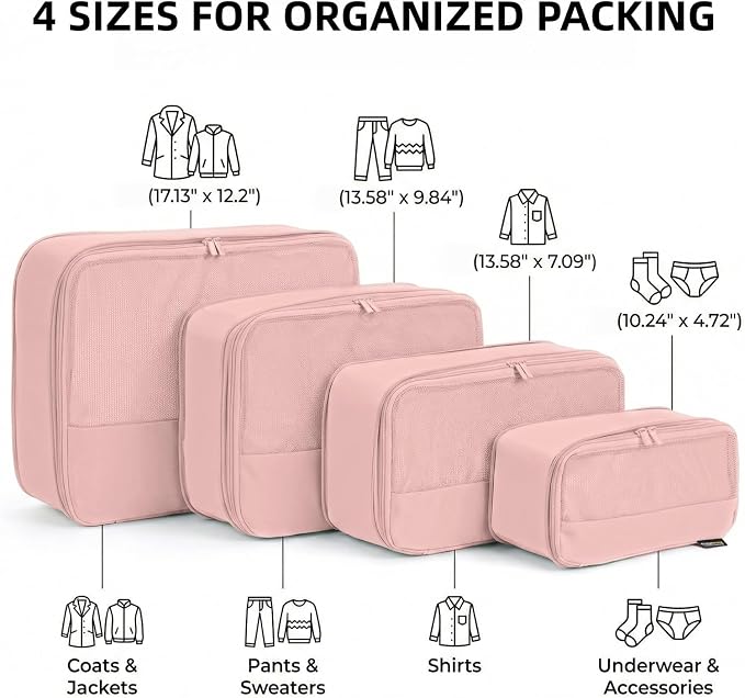 4 Piece Compression Packing Cubes for 3–7 Day Travel, Dusty Pink | Wrinkle-Resistant Memory Fabric, Breathable Mesh Panel, Double-Zipper, Small to Large Size Bag, Smart Organization - Image 3