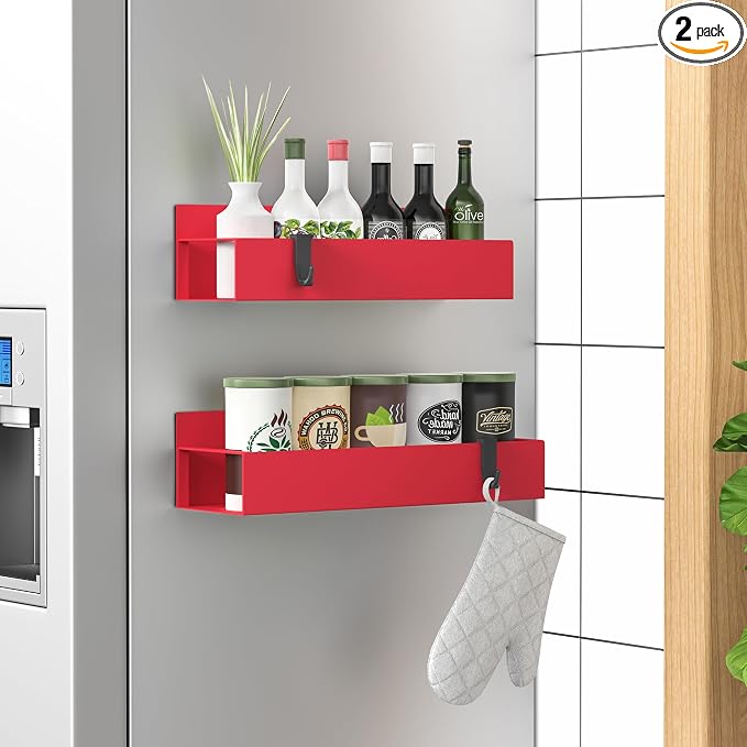 HuggieGems 2 Pack Magnetic Spice Storage Rack Organizer for Refrigerator and Oven, Red Fridge Organizers and Storage | Magnetic Shelves Heavy Duty for Fridge in Kitchen, Seasoning Storage Organizer, For Oven Washer and Dryer, For Heavier Items by HuggieGems