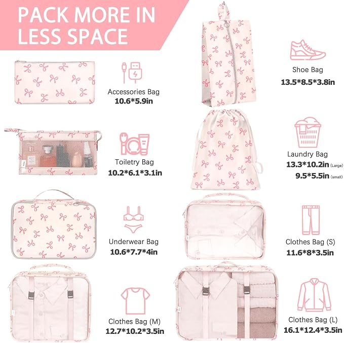 KPX 8 Set Packing Cubes for Travel, Luggage Packing Organizers Accessories Large Toiletries Bag for Clothes Shoes Cosmetics (8Set-Pink Bow) - Image 2