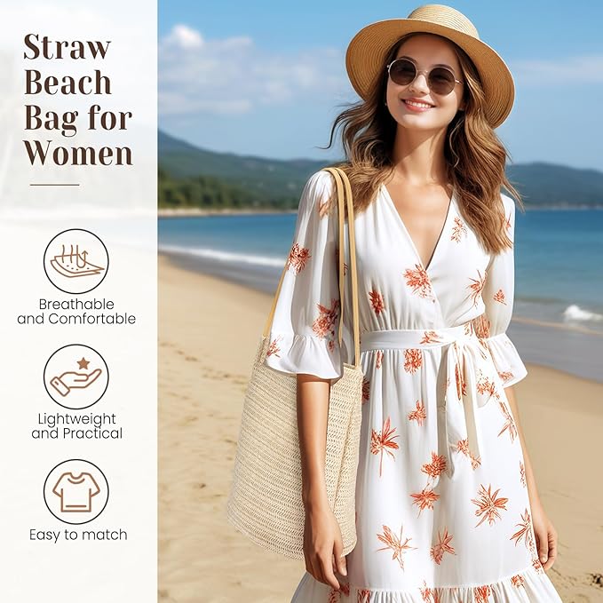 Tavaleu Straw Beach Bags for Women Tote Handbag Shoulder Hobo Bucket Bag | Lightweight, Foldable, PU Straps, Magnetic Closure, Zip Pocket, Reinforced Bottom, Summer Purse, Travel, Vacation, Daily Use - Image 3