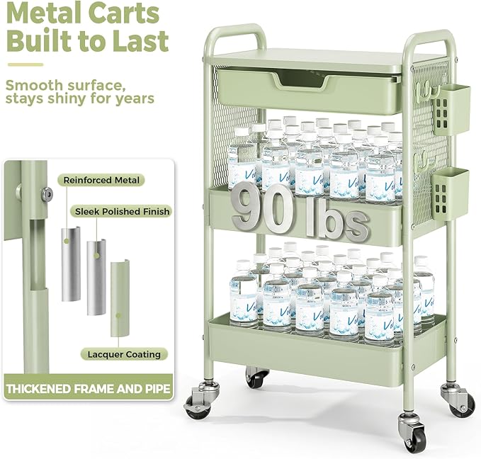 KINGBOARD 3 Tier Metal Rolling Cart with Drawer, Green Utility Storage Cart | 2 Cups & 4 Hooks, Lockable Wheels, Trolley Organizer for Bathroom, Kitchen, Office, Nursery, Dorm, Laundry, Craft Room - Image 2