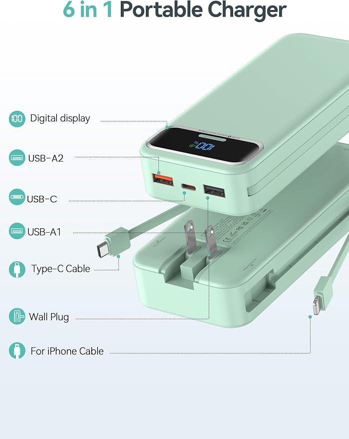 aonidi Portable Charger 20000mAh with Built-in Cables&AC Wall Plug, Green | PD20W Fast Charging,Travel Essential,TSA Approved,LED Display,All in One USB C Power Bank for All Cell Phones Devices - Image 2